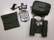 Military Sighting Compass with Pouch + Apollo Binoculars 8x21 with Zip Case