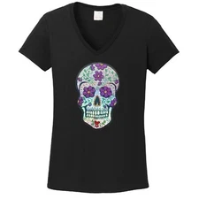 Woman's Sugar Skull Spangle T shirt Lots of sparkle Ladies tee vneck