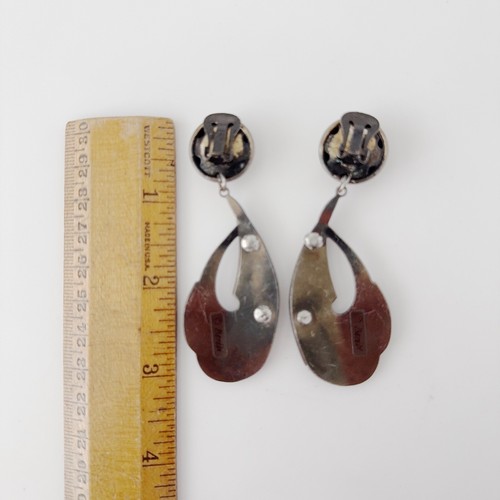 Vtg Edgar Berebi Clip-on Dangle Earrings Black Enamel Silver Tone w/ Rhinestones - Bild 7 von 13