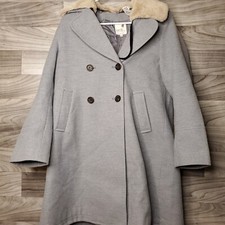 Earth Music Ecology Womens Fur Lined Gray Trench Pea Coat Button Jacket Sz Small