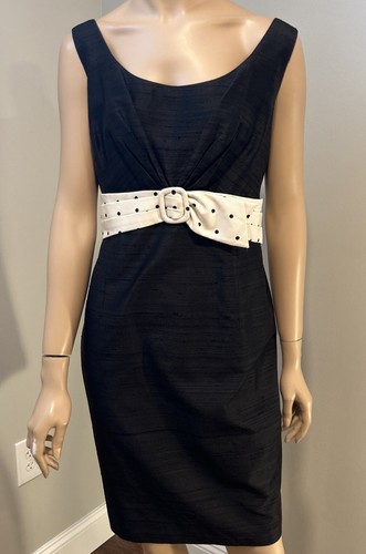 Kay Unger Womens Sleeveless Cocktail Dress Black Silk Dress Polka Dot Belt Sz14 - Picture 1 of 7