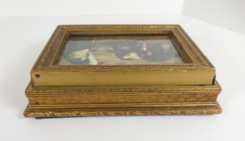 Vintage Jewelry Dresser Box Picture Millet The Gleaners Carved Wood Glass Small - Picture 4 of 7