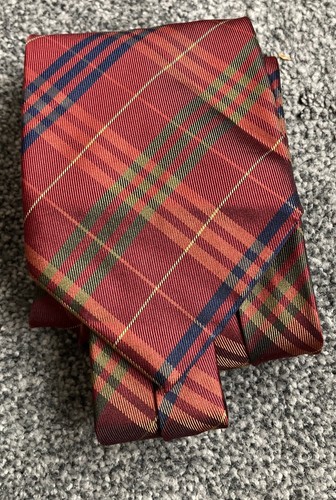 Herrenkrawatte 100 % Seide Hugo Boss rot Schottenmuster gestreift Mix 3,6" breit 57" lang