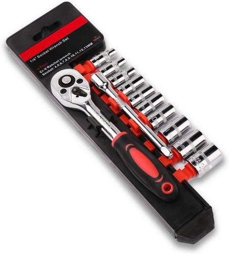 12pcs 1/4 Inch Ratchet Socket Wrench Set, Drive Socket Set with 10 Sockets