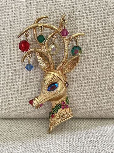 Vintage Stunning MYLU Rudolph Reindeer Brooch Gold