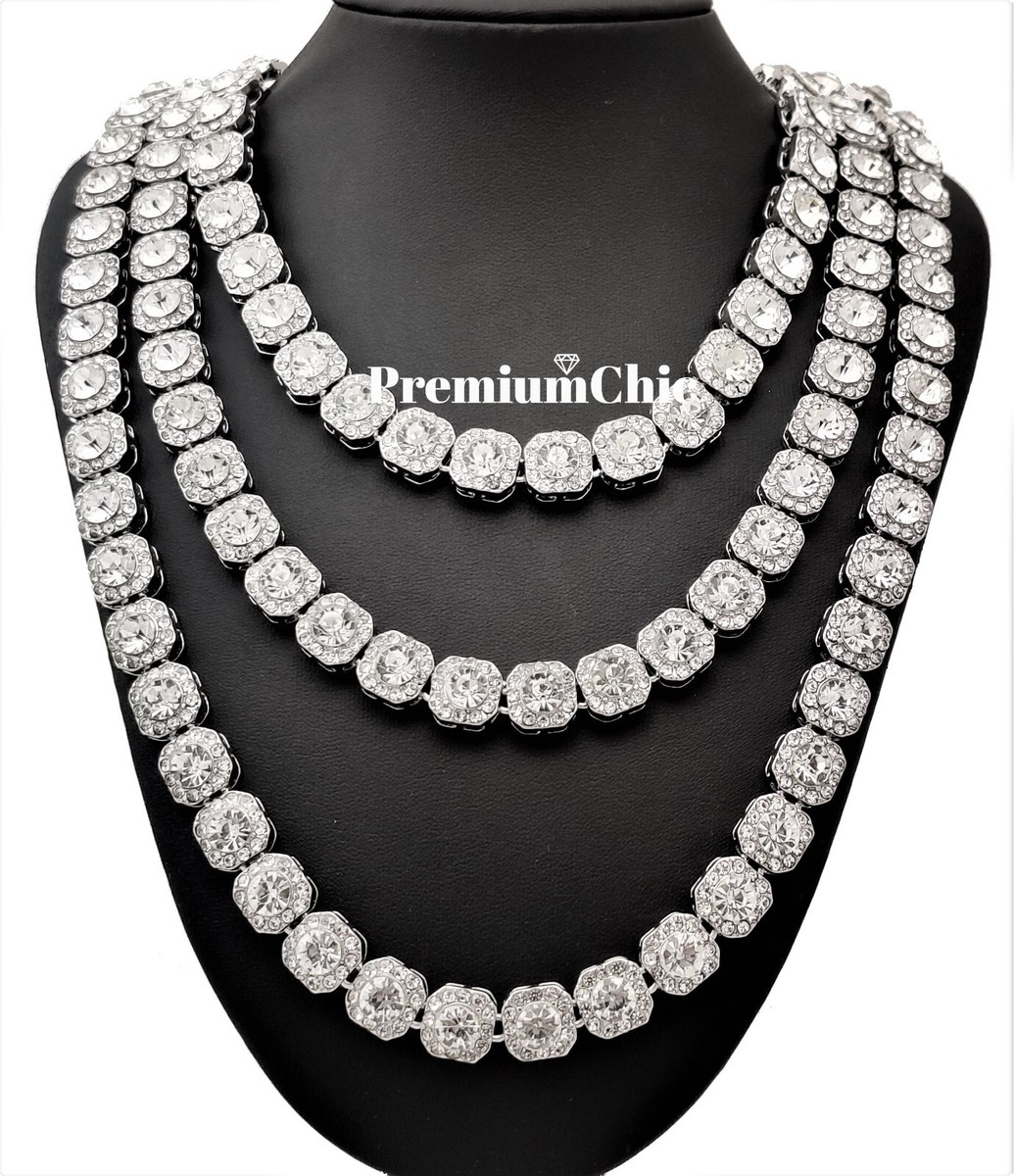 Iced Baguette Cluster Tennis Chain Necklace Plated CZ Men