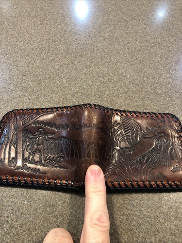 Cartera de cuero para hombre Tooled marrón plegable cazador de faisanes trenzada clásica vintage - Imagen 5 de 9