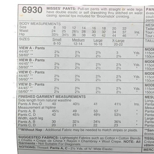 Uncut McCall's 6930 1 Hour Pants Women's Sewing Pattern Size 20-22 1980 - Picture 4 of 4