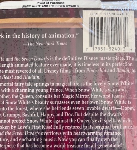 Walt Disney’s Masterpiece Snow White and The Seven Dwarfs VHS Vintage SEALED NEW - Picture 3 of 4