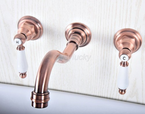 Grifo mezclador de lavabo de baño de cobre rojo antiguo de 3 piezas montado en la pared para bañera - Imagen 7 de 9