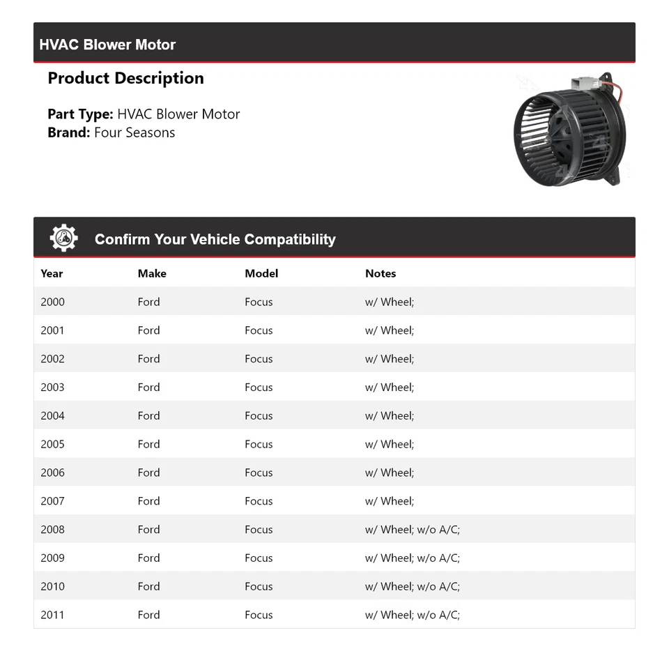 For 2000-2011 Ford Focus HVAC Blower Motor 4 Seasons 2001 2002 2003 2004 2005 - Image 2 of 4