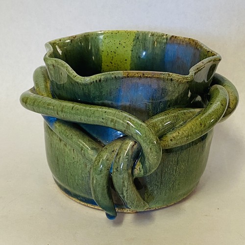Studio Art Pottery Bowl Thrown Swirled Glazed Modern Green Blues Unique Signed