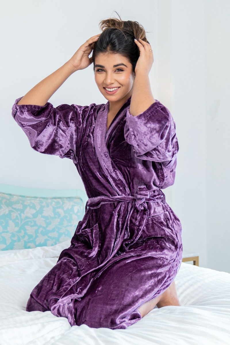 Women Long Nightgowns Purple Rayon Velvet Bride Bridesmaid Kimono