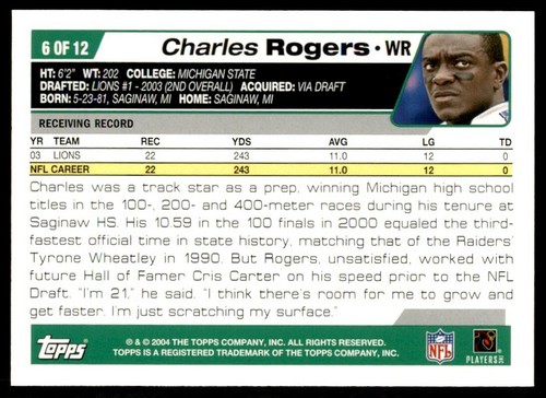 2004 Topps National Trading Card Day Charles Rogers Detroit Lions #6 - Picture 2 of 2