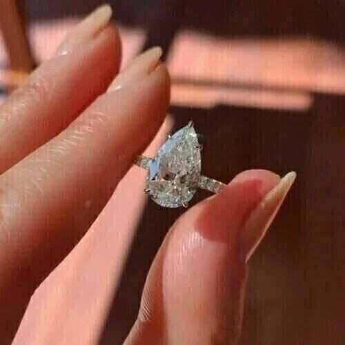 Pear Cut 3 Ct Real Moissanite Engagement Ring 14K White Gold Plated - Picture 5 of 5
