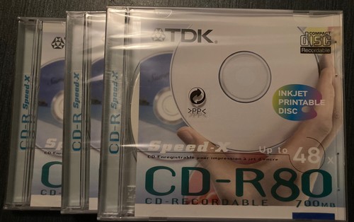 3x TDK CD-R80 CD-recordable INKJET printable Disc 48x 700MB/80mins NEW & SEALED