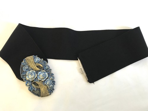 Vintage 70s Black Elastic Corset Belt & Interchangeable Handmade Art Buckles | - Picture 5 of 6