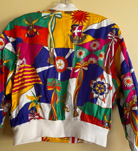 ESCADA VINTAGE BOMBER JACKET COTTON IN BRIGHT WHIMSICAL PRINT 42 12 WEST GERMANY - Picture 3 of 19