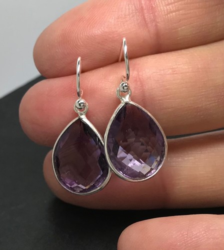 amethyst pear drop earrings solid Sterling Silver chequerboard faceted. Gift box - Picture 13 of 20