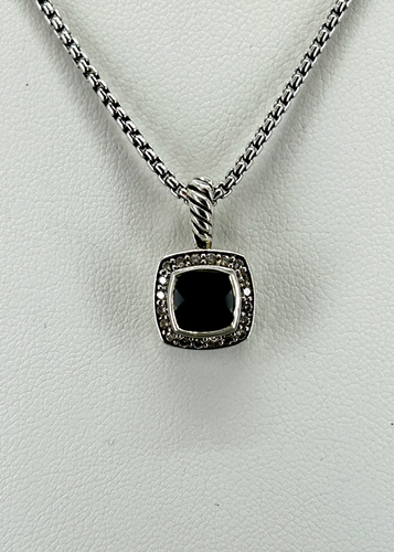 David Yurman Sterling Silver 7mm Albion Pendant Necklace Onyx & Diamonds