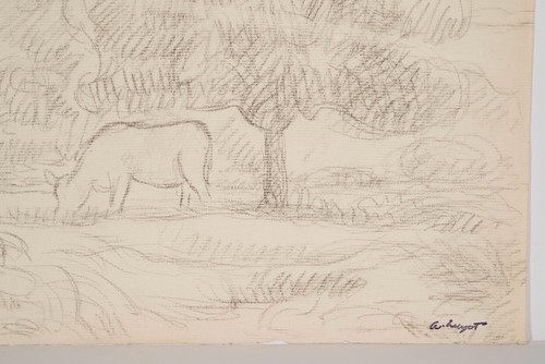 Vaca En Un Pre Dibujo Original Albert Huyot Xx ° Sello Firma - Bild 3 von 3