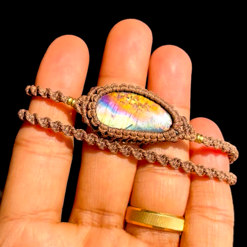 Hand Crafted Natural Spectrolite Gemstone Rainbow Flash Micro Macrame Bracelet - Video 1 of 1