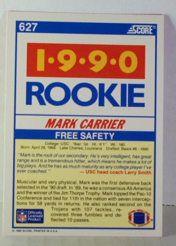 Tarjeta de novato Mark Carrier 1990 Score RC - Imagen 2 de 2