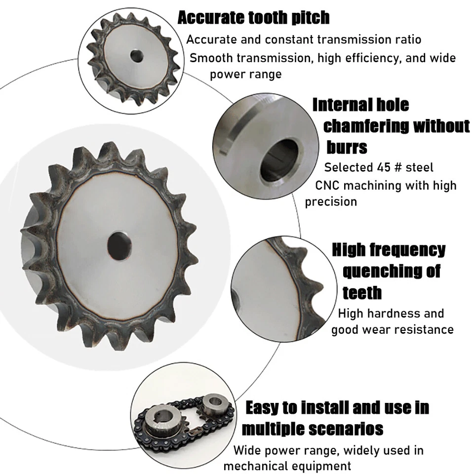"Piñón de cadena de rodillos de acero 04C 1/4"" paso de rueda 6,35 mm 9 ~ 80 dientes orificio de proceso" Foto 3 de 4