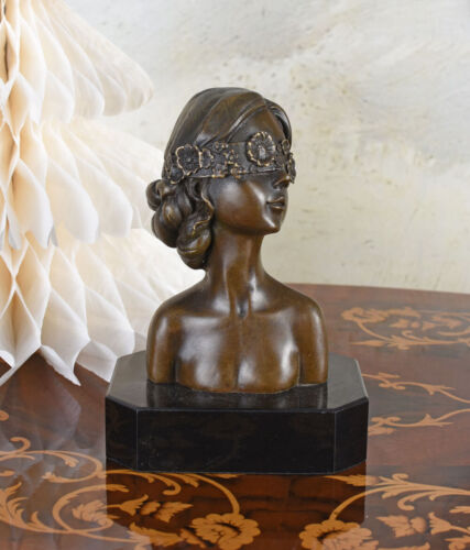 Jugendstil Bronze Büste Frau mit verbundenen Augen Bronze auf Marmorsockel - Bild 5 von 5
