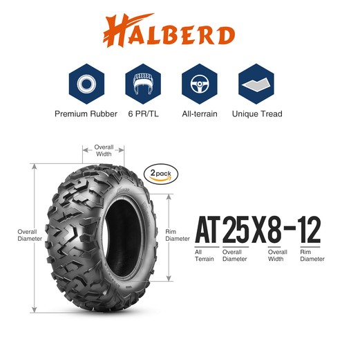 Halberd Set 4 25x8-12 25x10-12 ATV/UTV All-Terrain Tires 6Ply Tubeless Off-Road - Picture 3 of 13
