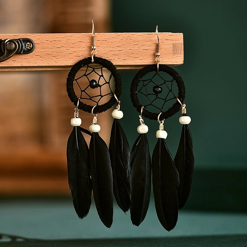 Women Jewelry Retro Boho Tassel Earrings Dream Catcher Feather Style Hoop Hook - Image 4 of 4