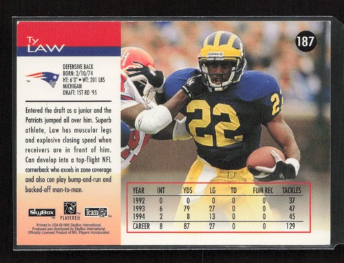 1995 SkyBox Impact #187 Ty Law New England Patriots Rookie Near Mint or Better - Picture 2 of 2