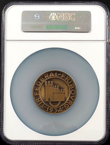 1934 Swiss Shooting Fest Medal, R-434a, AE, 50 mm, Fribourg, MS 65 by NGC! - Picture 6 of 6