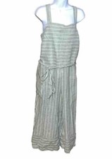 BeachLunchLounge Women's Talia Jumpsuit L Linen Cotton Wide Leg Crop OliveStripe