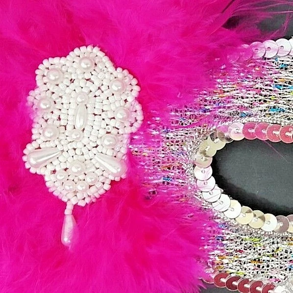 Mardi Gras Silver Sequined Mask Elegant Embellished W/Pink Feather & Faux Pearls - Image 3 of 4