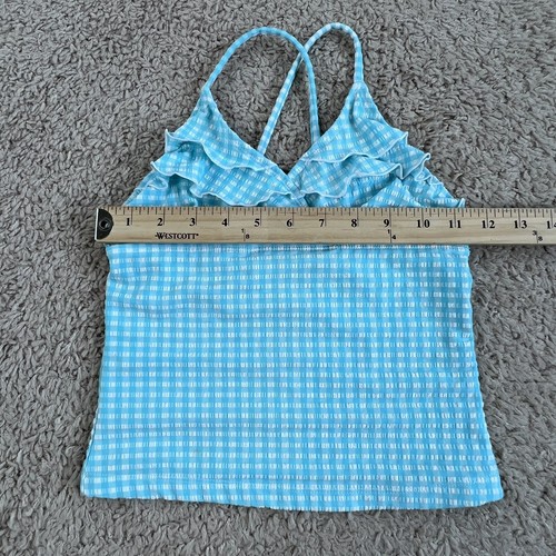 TOMMY BAHAMA Aqua Blue White Check Print Ruffle V-Neck Swim Tankini Top Girls 6 - Picture 2 of 11