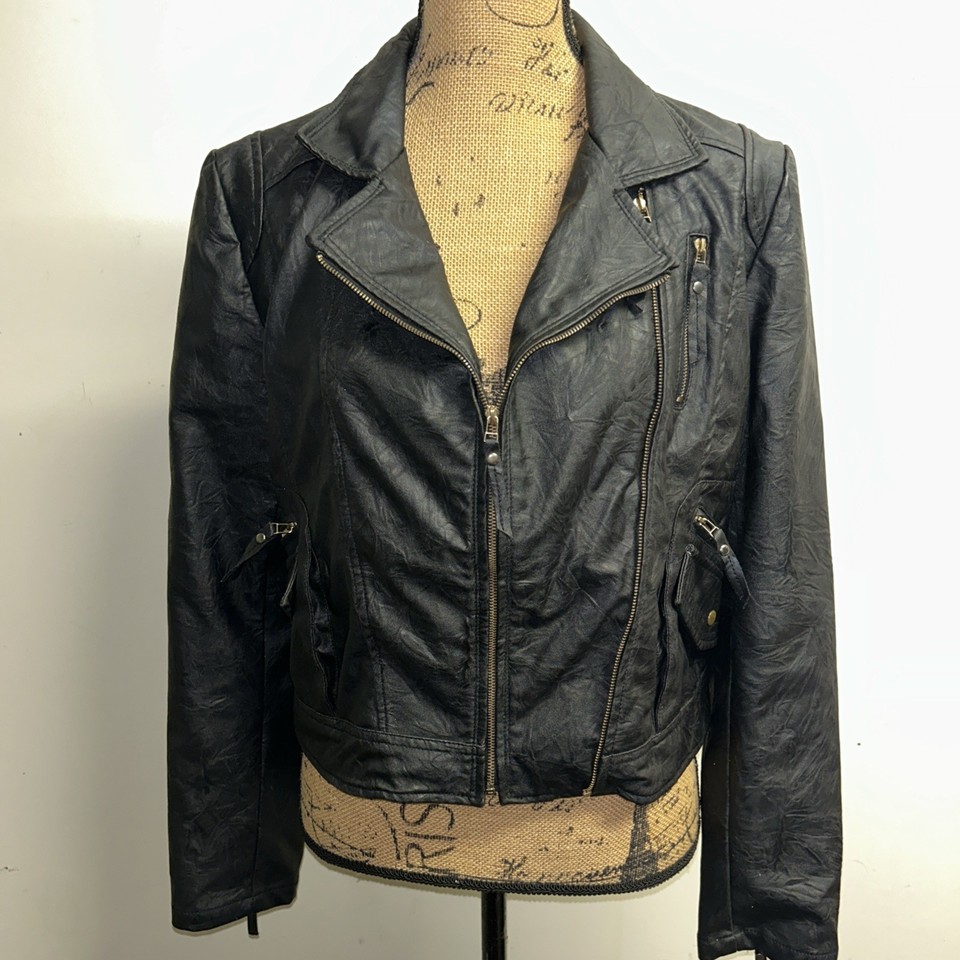 Xcepsion Womens Sz M Faux PU Leather Jacket Embossed Moto Zips VGC