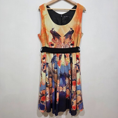 City Chic Dress AUS S/16 US12 Midi Orange Peacock Blossom Sleeveless Scoop Neck - Picture 2 of 6
