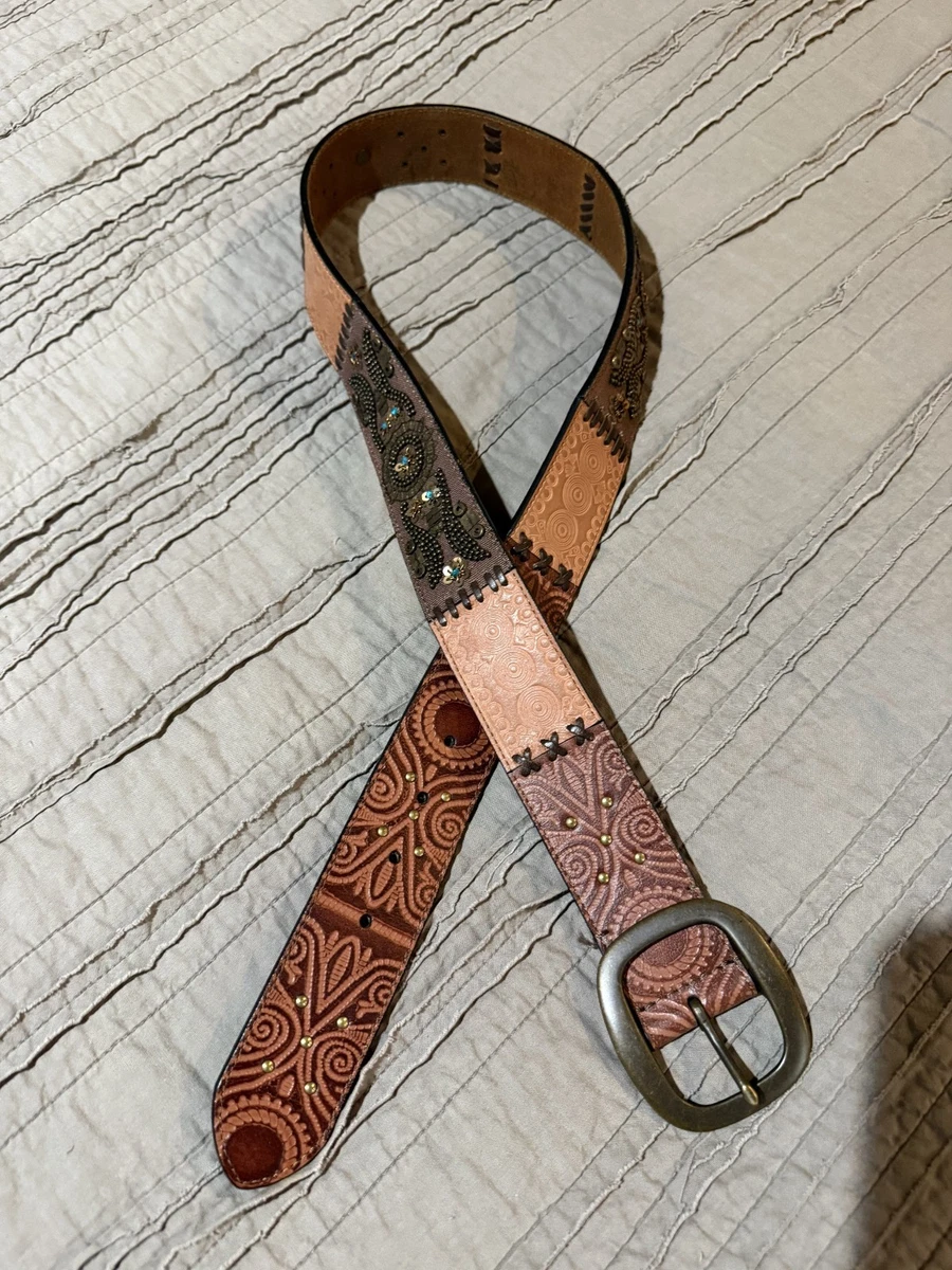 Fossil Beaded Stitched Leather belt Fossil, Brown Leather Belt ,beaded,copper Tone, Buckle  main image 2