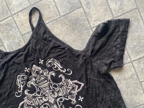 Affliction Live Fast WOMENS LG Dark Hearts Cross Black Off-Shoulder Tank Shirt - Picture 15 of 17