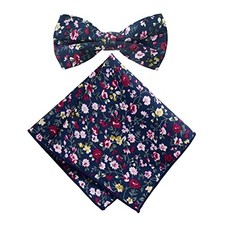 Men's Cotton Floral Print Bow Tie and Pocket Square Set One Size 23-navy
