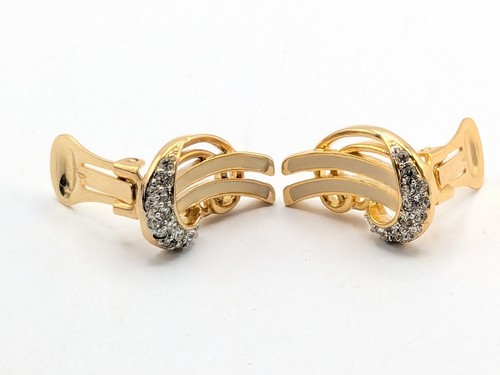 Vintage Ohrclips goldfarben creme emailliert Strass - Bild 9 von 11