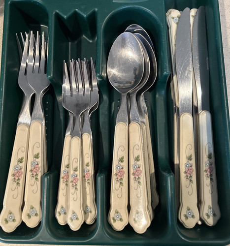 27 Pieces Pfaltzgraff TEA ROSE Stainless Plastic Handle Flatware 6DF 6TBS 8K 7SF - Picture 1 of 6