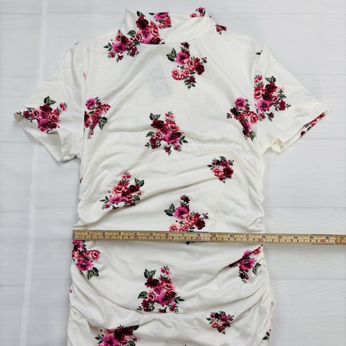 Yemaya INC Dress White Ruched Floral Bodycon High Neck Sleeve Short Size M - Picture 5 of 6