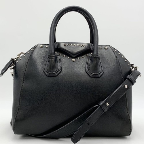 Rare GIVENCHY Antigona Handbag Black Leather 2Way Shoulder Bag Studs Women