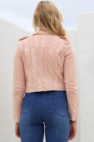 Jodi Jacket - Embroidered Detailing Biker Faux Suede Jacket in Blush - Picture 20 of 20