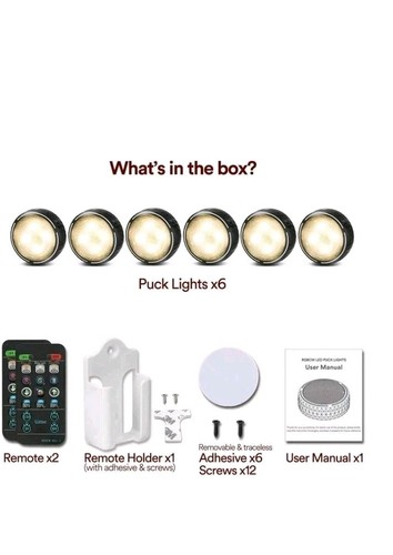 6 LED Puck Lights Dim Colors 2 Remote Controls Battery Operated Wireless - Picture 2 of 9