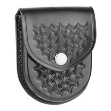 Basketweave Leather Round Bottom Closed Single Cuff Case, Black - Silver Snap