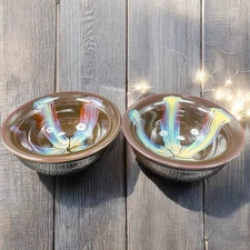 Vintage Hand Made RedWare Shiny Multicolor Glaze Small Bowls Salsa Dish Set 2