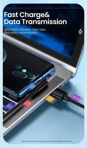 Cable de carga rápida USB-C de 66 W codo de 90 ° - rojo - cable USB-A a USB-C trenzado de 3 m - Imagen 7 de 10